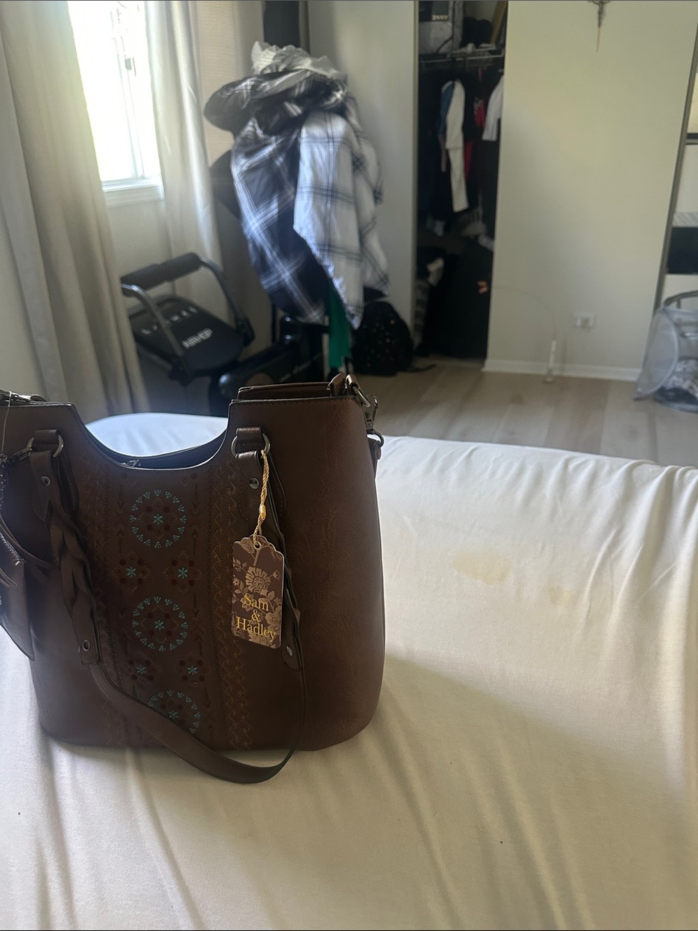 Brown Leather Shoulder Bag with Embossed Detail